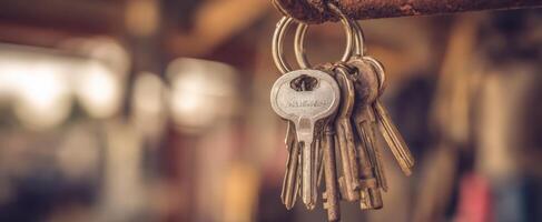 The vintage keys hanging on a rustic hook in soft focus background. photo