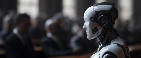 The humanoid robot observing a corporate conference with an engaged audience. photo
