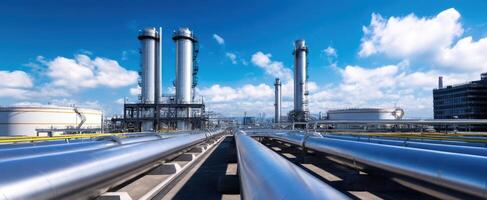 The industrial landscape featuring extensive pipelines and towering storage facilities. photo