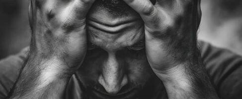 The man expressing deep emotional pain and inner turmoil in black and white. photo