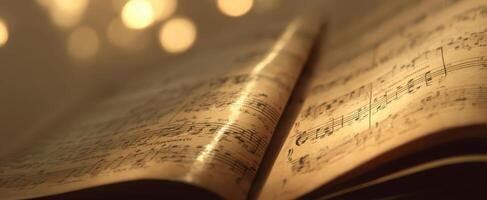 The vintage music sheets glowing softly in warm ambient light. photo