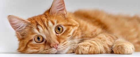 The adorable orange cat resting comfortably on a soft surface. photo