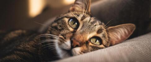 The adorable cat relaxing peacefully on a soft couch during golden hour light. photo
