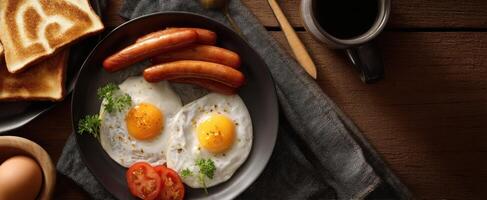 The delicious breakfast plate featuring eggs, sausage, and toast on a wooden table. photo