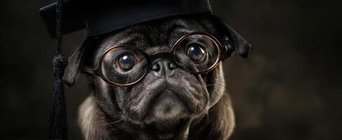 The cute pug wearing glasses and graduation cap for a humorous portrait photo