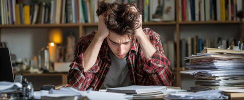 The young man overwhelmed by stress in a messy workspace. photo