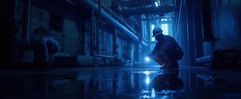 The worker inspecting a dark industrial corridor with a flashlight. photo