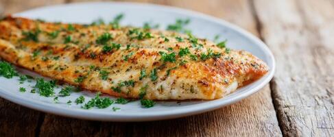 The perfectly cooked fish fillet garnished with fresh parsley on a wooden table. photo