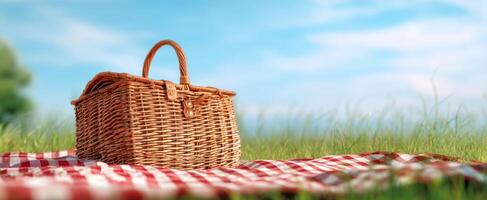 The wicker picnic basket resting on a cozy checkered blanket in the grass. photo