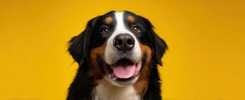 The Bernese Mountain Dog with a Happy Expression Against a Yellow Background photo