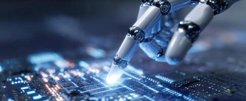 The robotic hand interacting with a high-tech circuit board system photo
