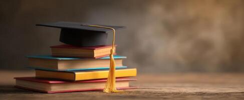 The graduation cap resting on a stack of vibrant, colorful books. photo