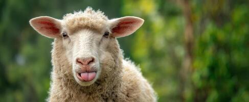 The playful sheep sticking its tongue out in a serene natural setting. photo
