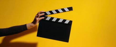 The hand holding a clapperboard against a vibrant yellow background photo