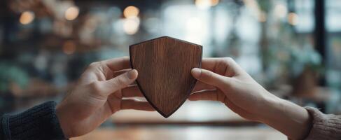 The wooden shield held in hands symbolizing trust and partnership. photo