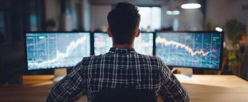 The trader analyzing financial data on multiple screens in a modern office. photo