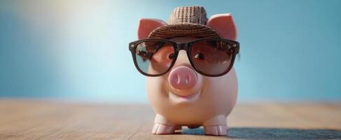 The adorable piggy bank wearing sunglasses and a stylish hat. photo