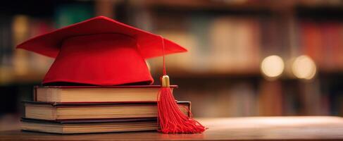The red graduation cap atop stacked books signifies educational achievement and future success. photo