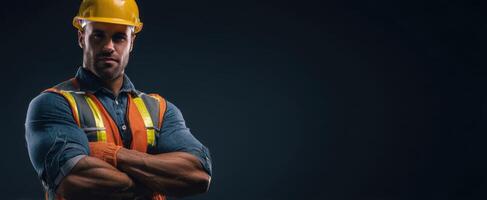 The confident construction worker poses with strength and determination in safety gear. photo