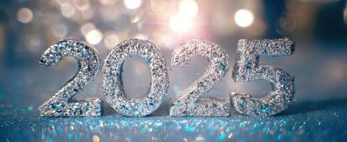 The shimmering silver numbers 2025 celebrating the New Year in a festive setting. photo