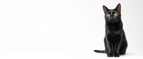 The curious black cat with striking yellow eyes sitting gracefully. photo