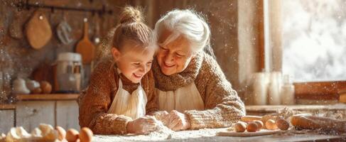 The joyful moment of a grandmother and granddaughter baking together. photo