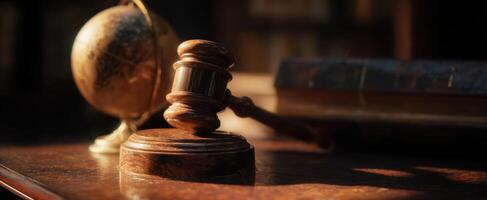 The gavel resting on a polished desk with a globe and books nearby. photo