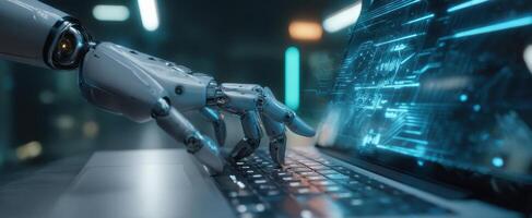 The robotic hand interacting with a high-tech laptop in a digital environment. photo