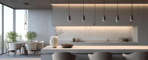 The modern kitchen with elegant lighting and minimalist design elements. photo