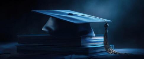 The elegant graduation cap resting on a stack of blue books photo