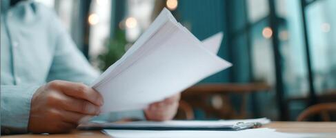 A person is holding a piece of paper and reading it photo