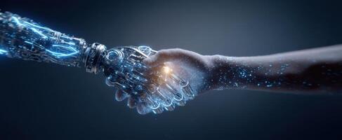 The futuristic handshake between human and robotic hand showcasing advanced technology. photo