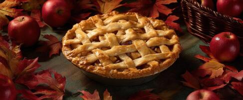 The homemade apple pie surrounded by vibrant autumn leaves and fresh apples. photo