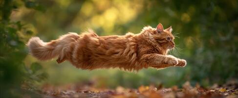 The majestic orange cat leaping gracefully through a vibrant outdoor setting. photo