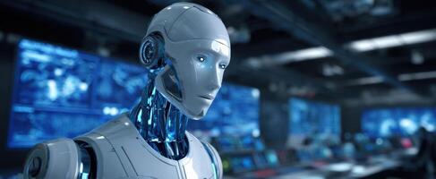The humanoid robot in a high-tech control room with screens. photo