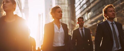 The Professionals Walking Determinedly in a Bustling City at Sunset photo