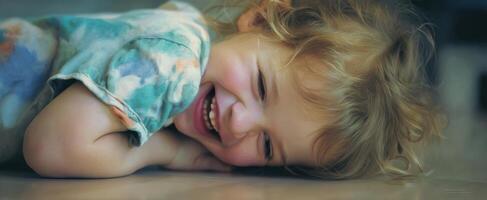 The joyful child laughing while lying on the floor. photo