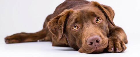 The adorable brown Labrador resting and looking curiously at the camera. photo
