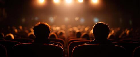 The audience captivated by the performance in a dimly lit theater setting. photo