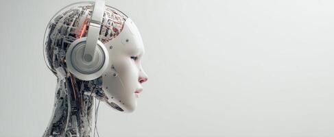 The futuristic robot with headphones representing advanced technology and artificial intelligence. photo