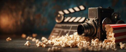 The vintage camera and popcorn ready for a cinematic adventure. photo