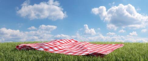The vibrant picnic blanket resting on lush green grass under a clear sky photo
