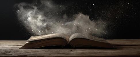 The magical book releasing enchanting particles into the air. photo