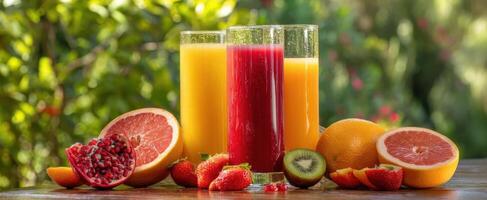 The vibrant assortment of fresh juices surrounded by colorful fruits on a sunny table. photo