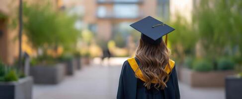 The graduate embracing her future with confidence and pride in a serene pathway. photo