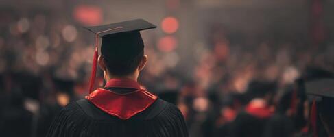 The graduate standing proudly amidst a sea of fellow students at graduation. photo