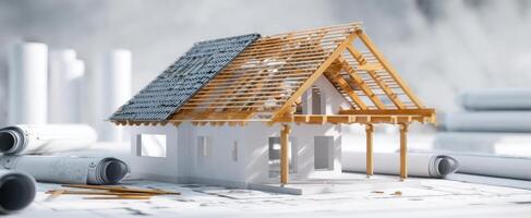 The detailed model of a house under construction with blueprints surrounding it. photo