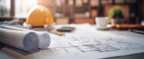 The architectural blueprint and tools on a modern construction workspace. photo