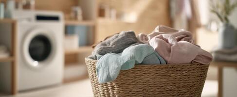 The stylish laundry basket overflowing with freshly laundered clothes in a cozy home. photo