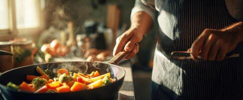 The chef preparing a vibrant stir-fry of fresh vegetables in a cozy kitchen. photo